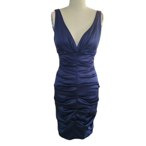 NWT Xscape Elegant holiday party dress Navy Blue silky satin christmas event - Picture 9 of 9